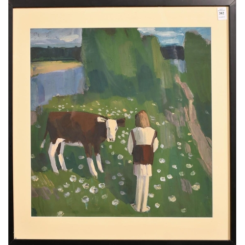 382 - Valeri Masyokov (b. 1947), female figure and a cow in a landscape, oil on Board, 18.5