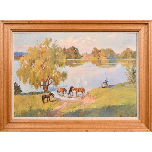 383 - Vitaly Baranenko, children fishing by horses on the banks of a broad river, oil on canvas, signed, 1... 