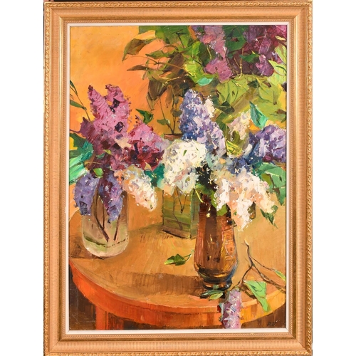 386 - Roman Podobedov (1920-2003), still life with lilacs, oil on canvas, signed with initials, 40