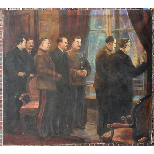 389 - 20th Century Soviet Subject, Stalin gathered with other party officials, oil on canvas, 78