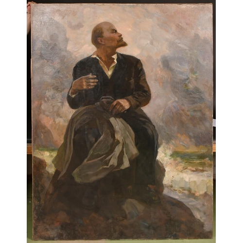 390 - 20th Century Soviet Subject, Lenin seated on a rocky outcrop with waves breaking beyond, oil on canv... 