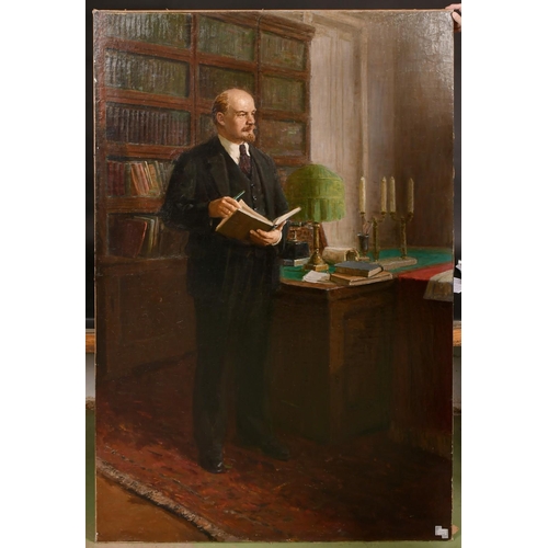 391 - 20th Century Soviet Subject, Lenin stood in an office holding a book, oil on canvas, 72.5