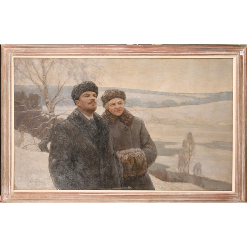 392 - 20th Century Soviet Subject, Lenin with a female companion in a sweeping winter landscape, oil on ca... 