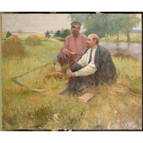 393 - 20th Century Soviet Subject, Lenin seated by a riverbank alongside a farmer, with harvested fields b... 