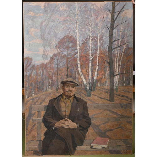 394 - 20th Century Soviet Subject, Lenin seated on a bench by a book in a woodland park, oil on canvas, si... 