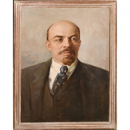 397 - 20th Century Soviet Subject, a head and shoulders portrait of Lenin in a button-down collar, oil on ... 