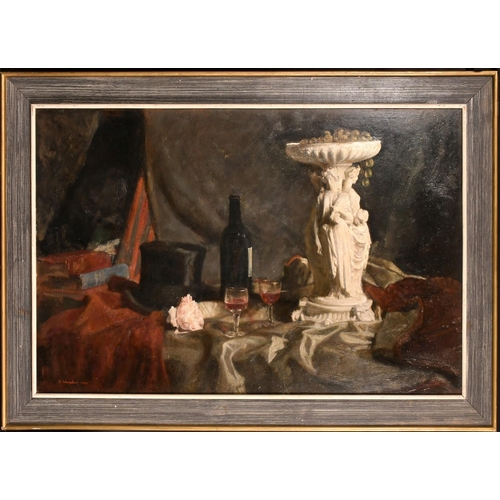 400 - George Weissbort (1928-2013), a still life of a classical tazze with wine and a top hat, oil on boar... 