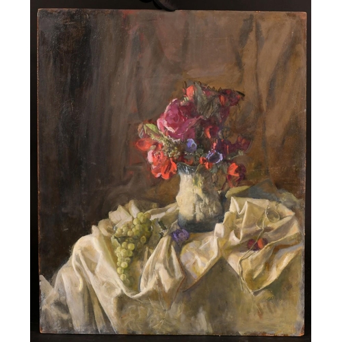 401 - George Weissbort (1928-2013), a still life of a jug of flowers with grapes set on a white cloth, oil... 