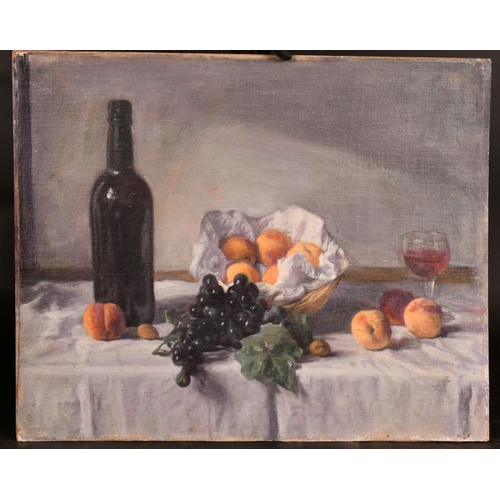 402 - George Weissbort (1928-2013), a still life of fruit and wine on a white tablecloth, oil on canvas la... 