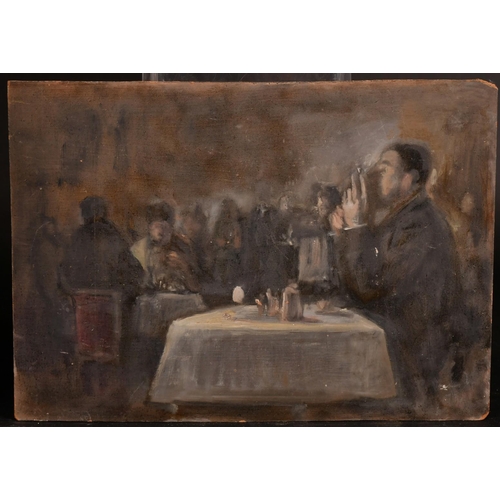 409 - George Weissbort (1928-2013), a group of three unframed oil on board studies featuring figures, smal... 