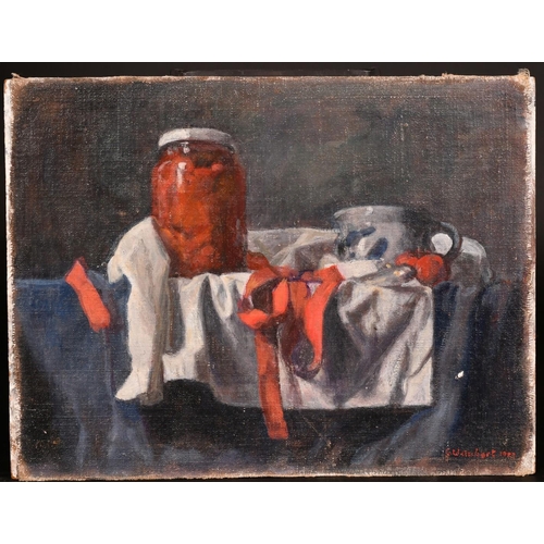 416 - George Weissbort (1928-2013), a still life of a jar and jug with ribbons, oil on canvas laid down, s... 