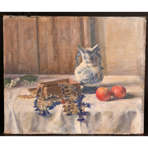 419 - George Weissbort (1928-2013), a still life study of fabric, fruit and a blue and white vase, oil on ... 