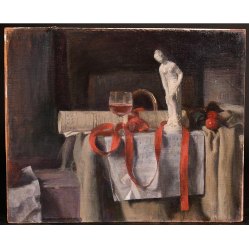 431 - George Weissbort (1928-2013), still life study of a figurine and sheet music, oil on canvas laid dow... 