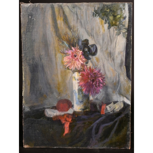 432 - George Weissbort (1928-2013), a still life of flowers in a blue and white vase, oil on canvas laid d... 