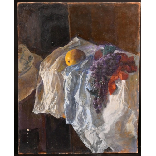 434 - George Weissbort (1928-2013), a still life of fruit draped over a white cloth, oil on board, 18