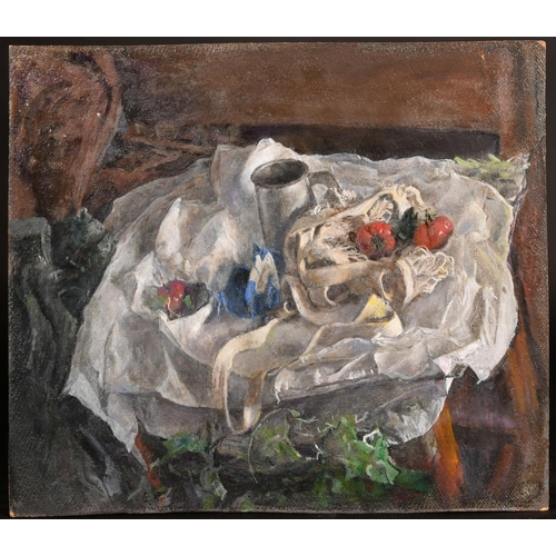 436 - George Weissbort (1928-2013), a still life of fruit and a pewter tankard amongst linen, oil on canva... 