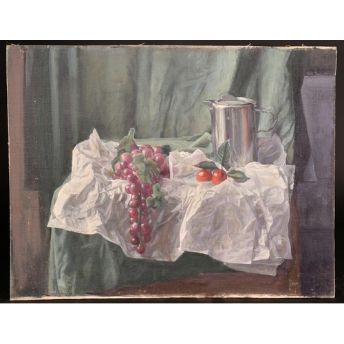 439 - George Weissbort (1928-2013), a still life of grapes and a tea pot on a white tablecloth, oil on can... 