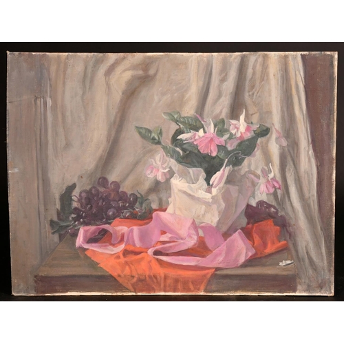 440 - George Weissbort (1928-2013), a still life of flowers, grapes and ribbon, oil on canvas laid down, 1... 