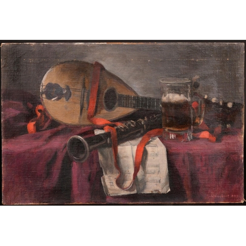 443 - George Weissbort (1928-2013), a still life study featuring instruments, oil on canvas laid down, 14