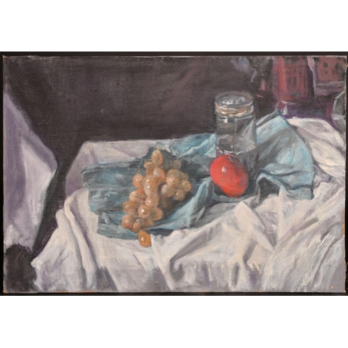 447 - George Weissbort (1928-2013), a still life of objects on a white tablecloth, oil on canvas laid down... 