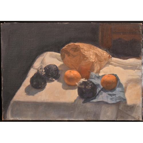 447 - George Weissbort (1928-2013), a still life of objects on a white tablecloth, oil on canvas laid down... 