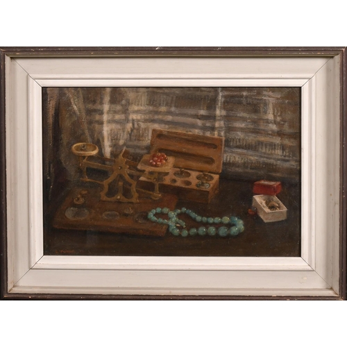 451 - George Weissbort (1928-2013), a still life featuring a set of scales, oil on board, signed, 12