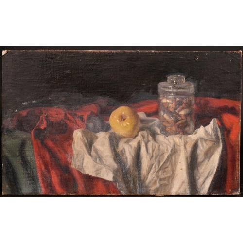 453 - George Weissbort (1928-2013), a still life of fruit and a jar on a tabletop, oil on canvas laid down... 