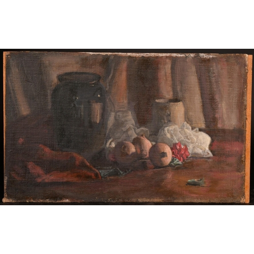 453 - George Weissbort (1928-2013), a still life of fruit and a jar on a tabletop, oil on canvas laid down... 