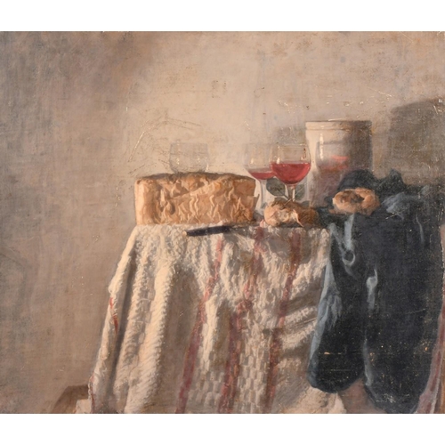 460 - George Weissbort (1928-2013), a still life of wine, bread and other objects on a tabletop, oil on ca... 