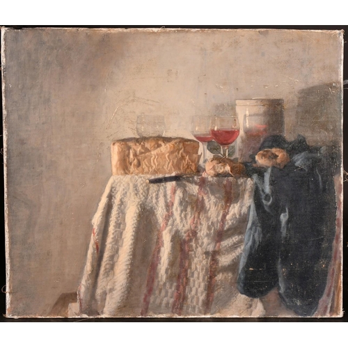 460 - George Weissbort (1928-2013), a still life of wine, bread and other objects on a tabletop, oil on ca... 