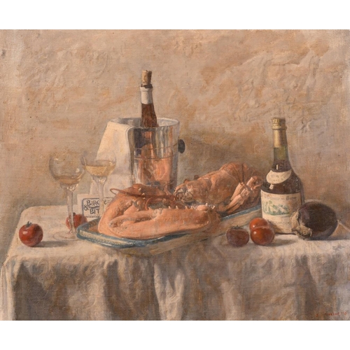 461 - George Weissbort (1928-2013), a still life of a lobster and other objects on a tabletop, oil on canv... 