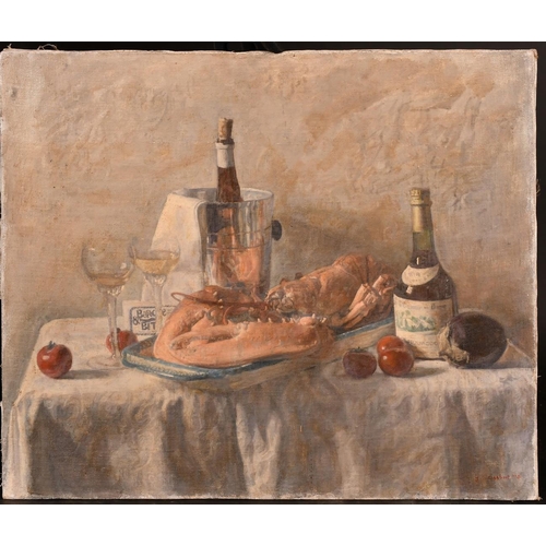 461 - George Weissbort (1928-2013), a still life of a lobster and other objects on a tabletop, oil on canv... 