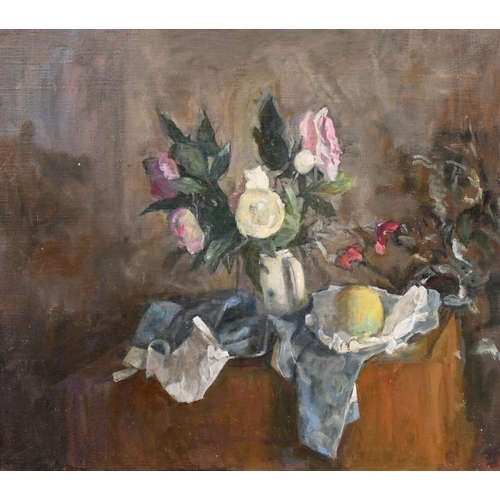 462 - George Weissbort (1928-2013), a still life of flowers and other objects on a tabletop, oil on canvas... 