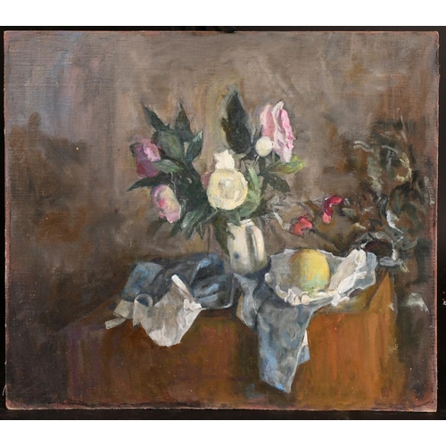 462 - George Weissbort (1928-2013), a still life of flowers and other objects on a tabletop, oil on canvas... 