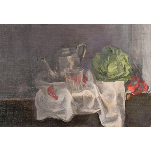 466 - George Weissbort (1928-2013), a still life study of a lettuce and other objects on a tabletop, oil o... 