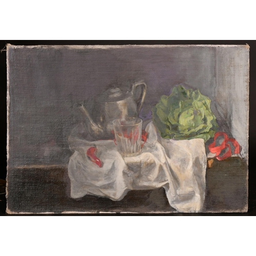 466 - George Weissbort (1928-2013), a still life study of a lettuce and other objects on a tabletop, oil o... 