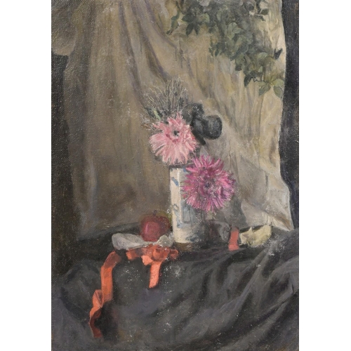 469 - George Weissbort (1928-2013), a still life of flowers in a vase alongside a red curtain, oil on canv... 