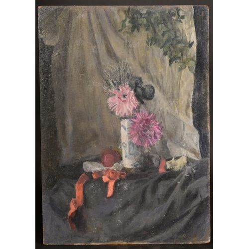 469 - George Weissbort (1928-2013), a still life of flowers in a vase alongside a red curtain, oil on canv... 