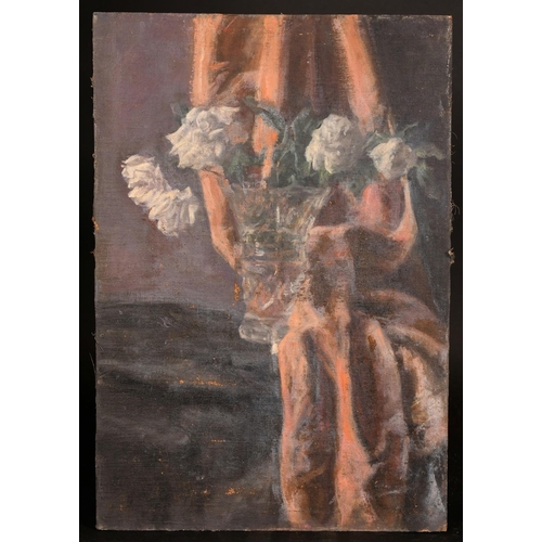 469 - George Weissbort (1928-2013), a still life of flowers in a vase alongside a red curtain, oil on canv... 