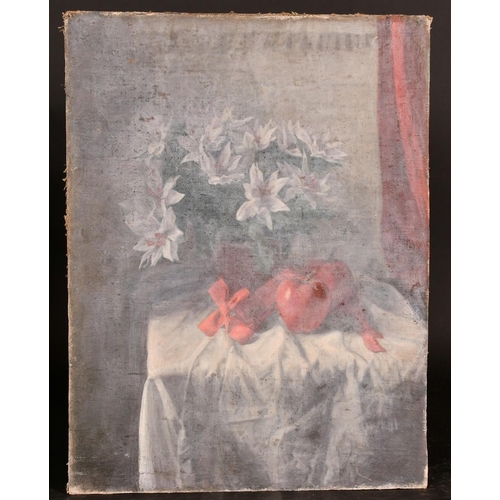 471 - George Weissbort (1928-2013), a still life featuring white flowers and red apples, oil on canvas lai... 