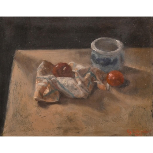 478 - George Weissbort (1928-2013), a still life of a blue and white pot and other objects, oil on board, ... 