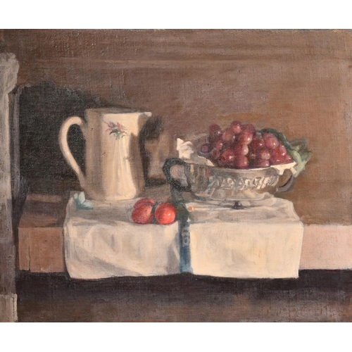 480 - George Weissbort (1928-2013), a still life of a white jug and grapes, oil on canvas laid down, 18