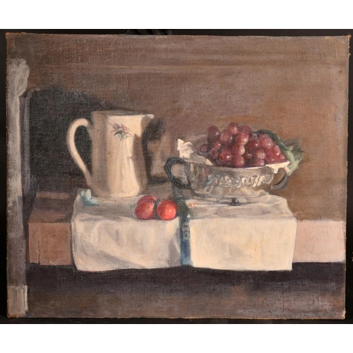 480 - George Weissbort (1928-2013), a still life of a white jug and grapes, oil on canvas laid down, 18