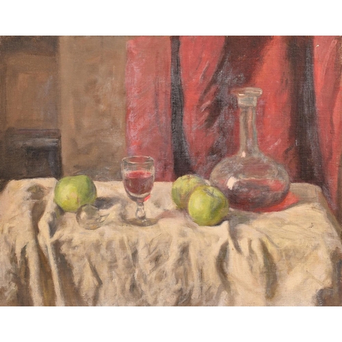 483 - George Weissbort (1928-2013), a still life of a decanter and apples, oil on canvas laid down, 18