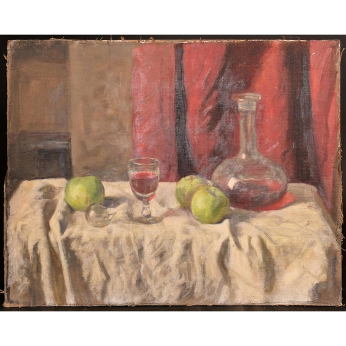 483 - George Weissbort (1928-2013), a still life of a decanter and apples, oil on canvas laid down, 18