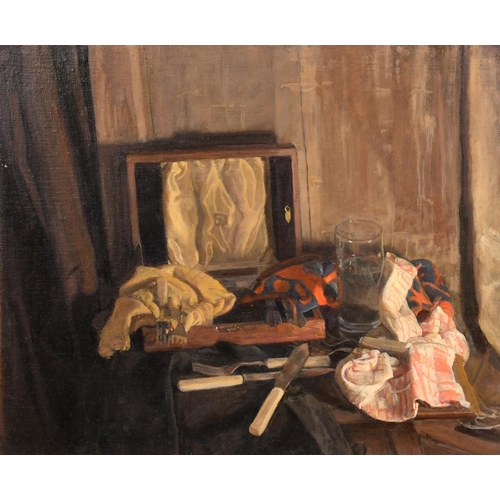 485 - George Weissbort (1928-2013), a still life of mixed objects including cutlery, oil on canvas laid do... 