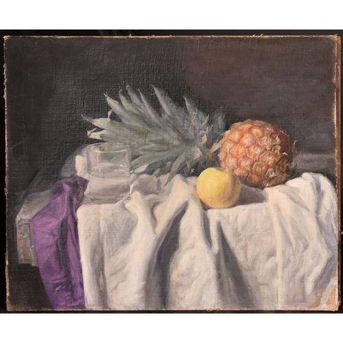 485 - George Weissbort (1928-2013), a still life of mixed objects including cutlery, oil on canvas laid do... 