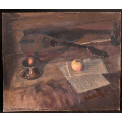 493 - George Weissbort (1928-2013), a still life of a mandolin and sheet music, oil on canvas laid down, 1... 