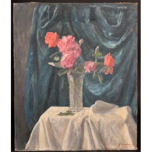 494 - George Weissbort (1928-2013), a still life of roses in a cut glass vase, oil on canvas laid down, 21... 