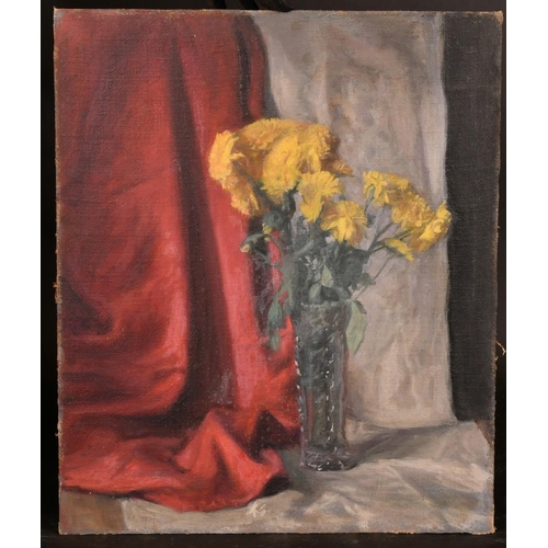 495 - George Weissbort (1928-2013), a still life of yellow flowers in a cut glass vase, oil on canvas laid... 